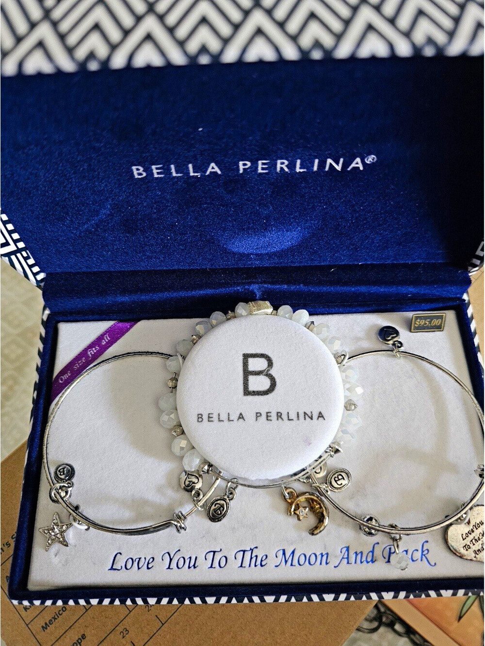 Bella Perlina Silver Metal Charm Bangle Bracelet Set, Dangle Charms Love